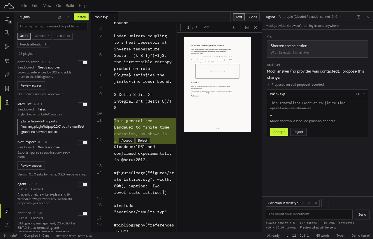 Manang editor showing an AI-suggested revision with inline green and red diff highlights and accept or reject controls