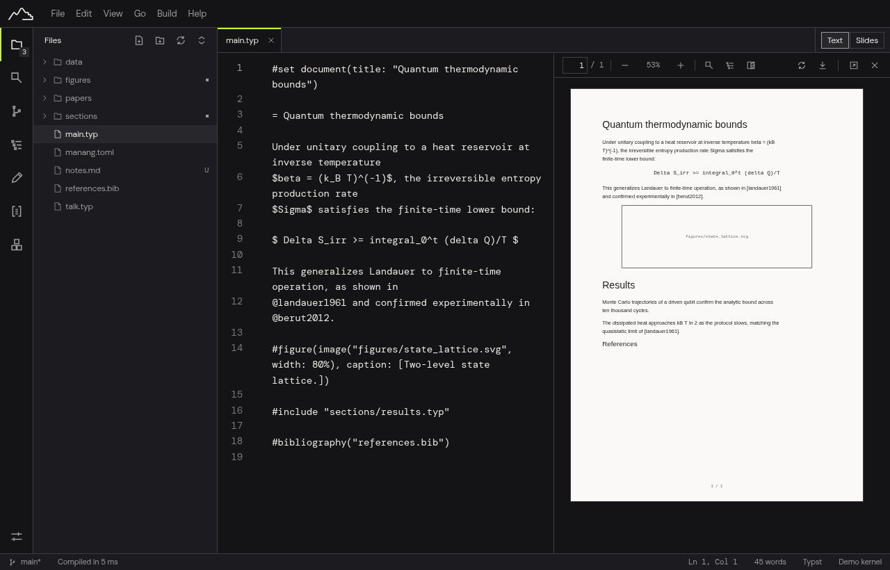 Manang desktop workbench showing a split editor on the left and a live PDF preview with outline and zoom controls on the right