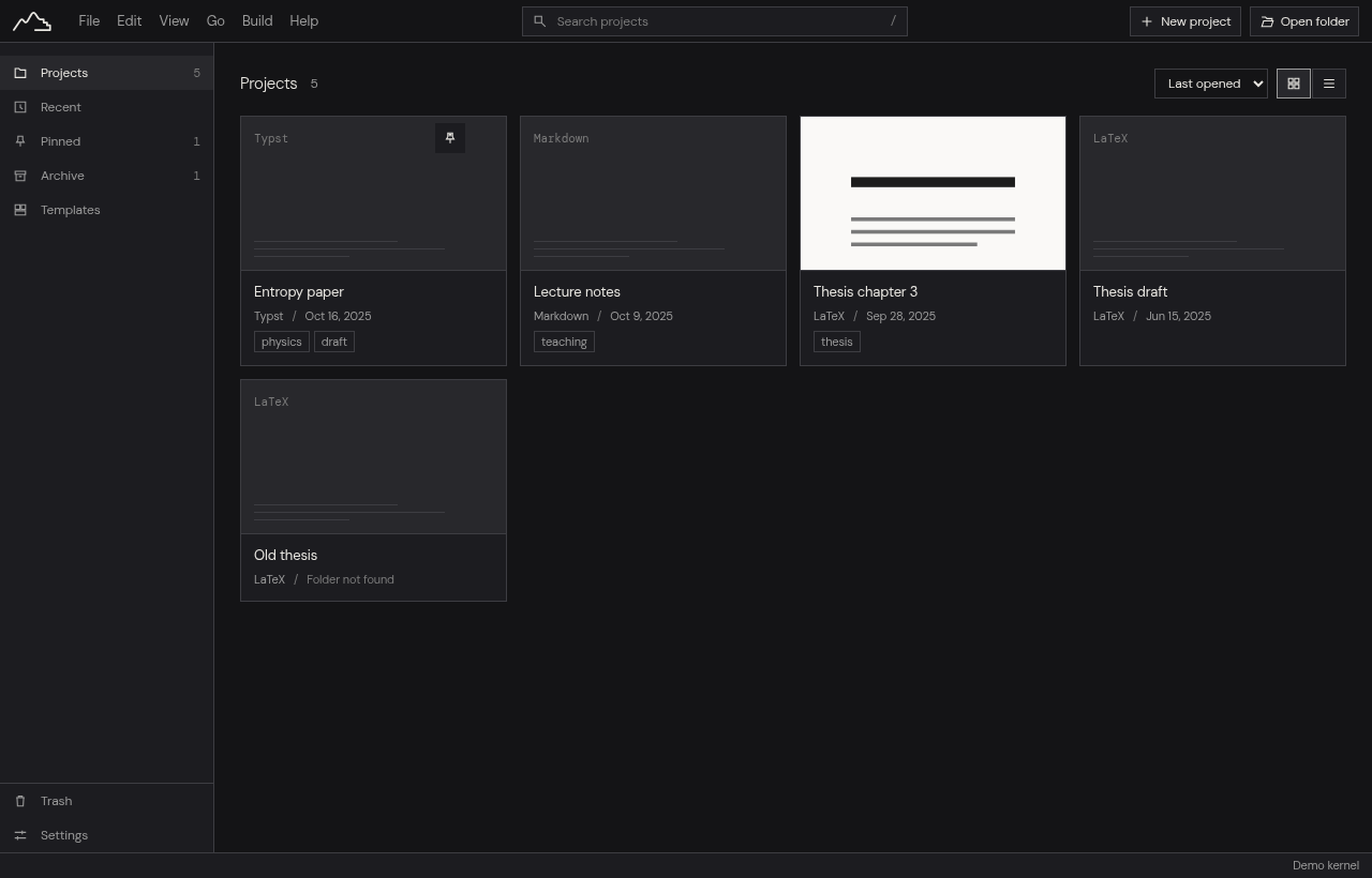 Manang project home screen displaying local project directory, recent files, starter templates, and recoverable trash